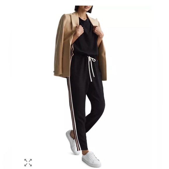 Reiss Tyla Side Striped Jumpsuit Navy. Blue and White Open Back Tie Waist Size 8 - Picture 4 of 16